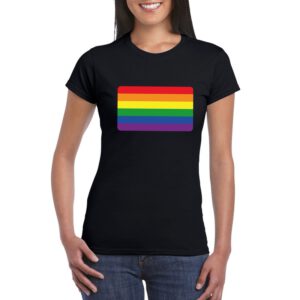 Bellatio Decorations T-shirt met Regenboog vlag – Pride – zwart – voor dames – /gay-pride-tshirts/gay-pride-shirts-dames [#110752]