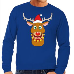 Bellatio Decorations Foute kersttrui rendier Rudolf met rode kerstmuts blauw heren – /kersttrui-heren [#130522]