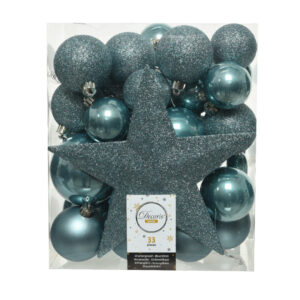 Decoris Decoris kerstballen set – 34-dlg – ijsblauw – incl. piek – kunststof – kerstversiering – /kerstboom-vulling-soorten/kerstballen/complete-sets-kunststof-ballen [#267685]