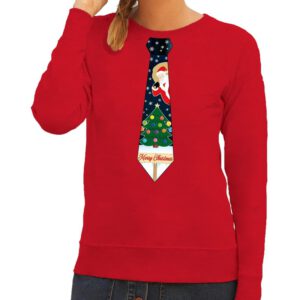 Bellatio Decorations Bellatio Decorations Foute kersttrui – sweater – met stropdas kerst print – rood – voor dames – /kersttrui-dames [#130445]